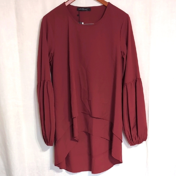 Zanzea Burgundy High Low Long Puff Sleeve Tunic Top Size Large New with Tags - Picture 1 of 5